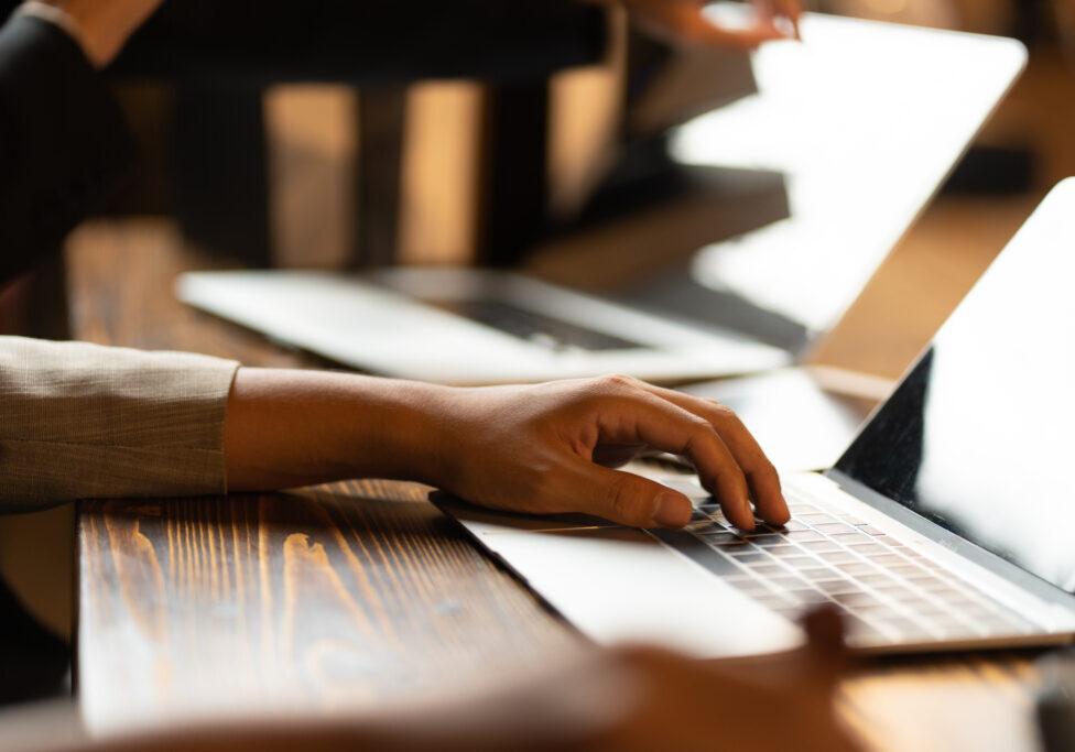 professional business person typing on computer laptop desk at office, using keyboard technology professional business person typing on computer laptop desk at office, using keyboard technology for working on online workplace communication job